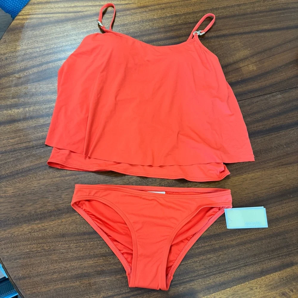 Michael‎ Kors Terracotta Orange Tiered Swimwear Tankini Set Bathing Suit Size XS